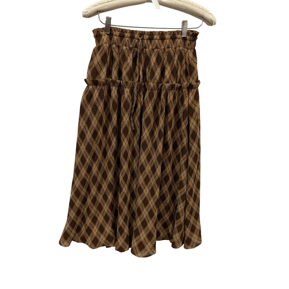 Doe and Rae Brown Diamond Harlequin Smocked Pleated Midi Skirt Small